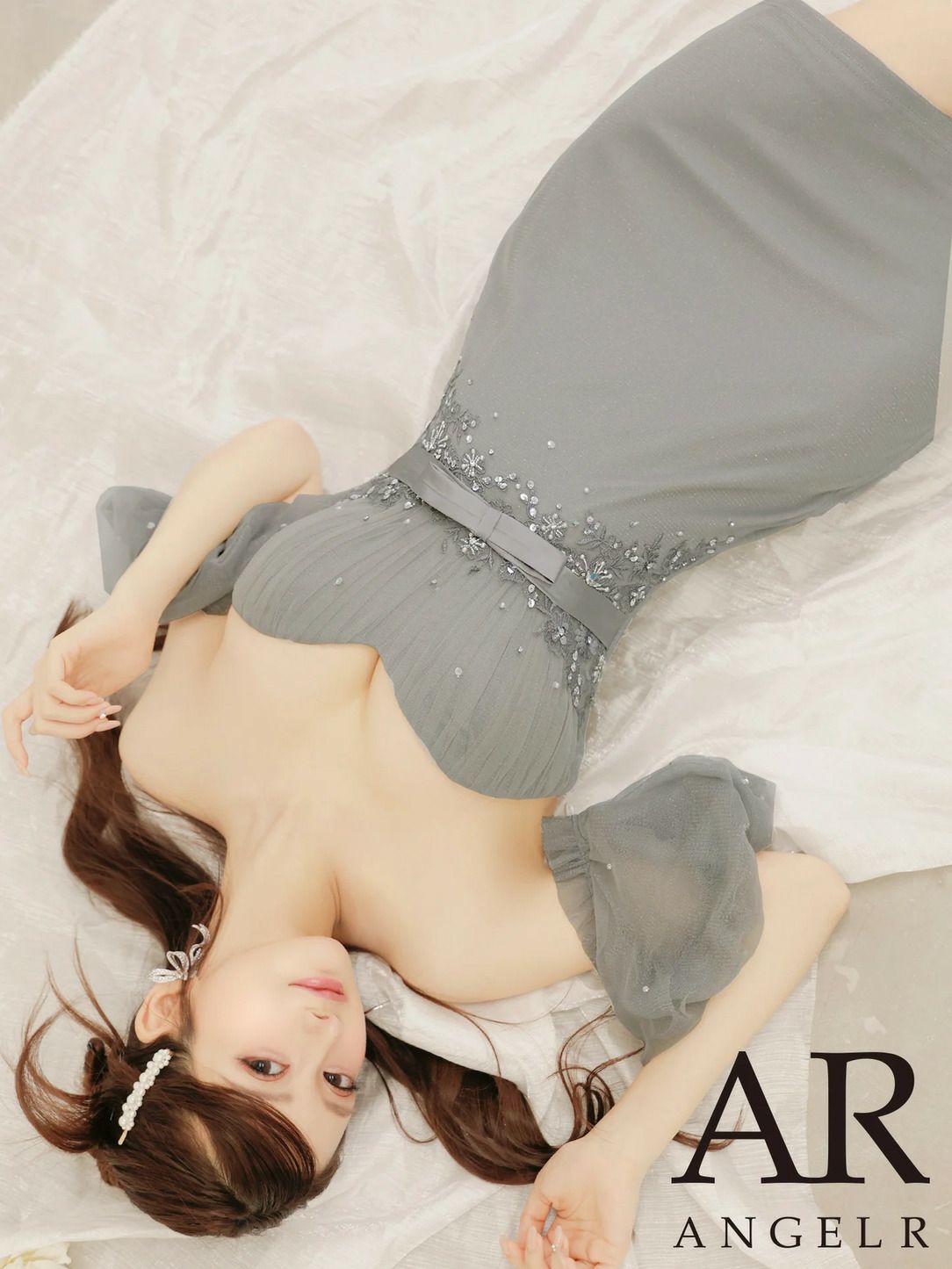 AngelR エンジェルアール メッシュパフスリーブフラワーウエストリボンビジューバストハートカットタイトマイクロミニドレス ar25876