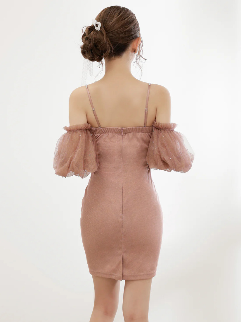 AngelR エンジェルアール メッシュパフスリーブフラワーウエストリボンビジューバストハートカットタイトマイクロミニドレス ar25876