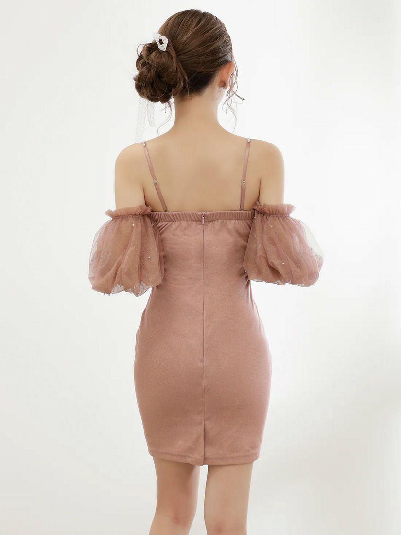 AngelR エンジェルアール メッシュパフスリーブフラワーウエストリボンビジューバストハートカットタイトマイクロミニドレス ar25876