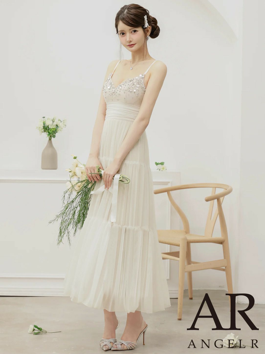 AngelR エンジェルアール フロントビジューネックパールウエストマークメッシュシアーフレアマキシロングドレス ar25877-ks