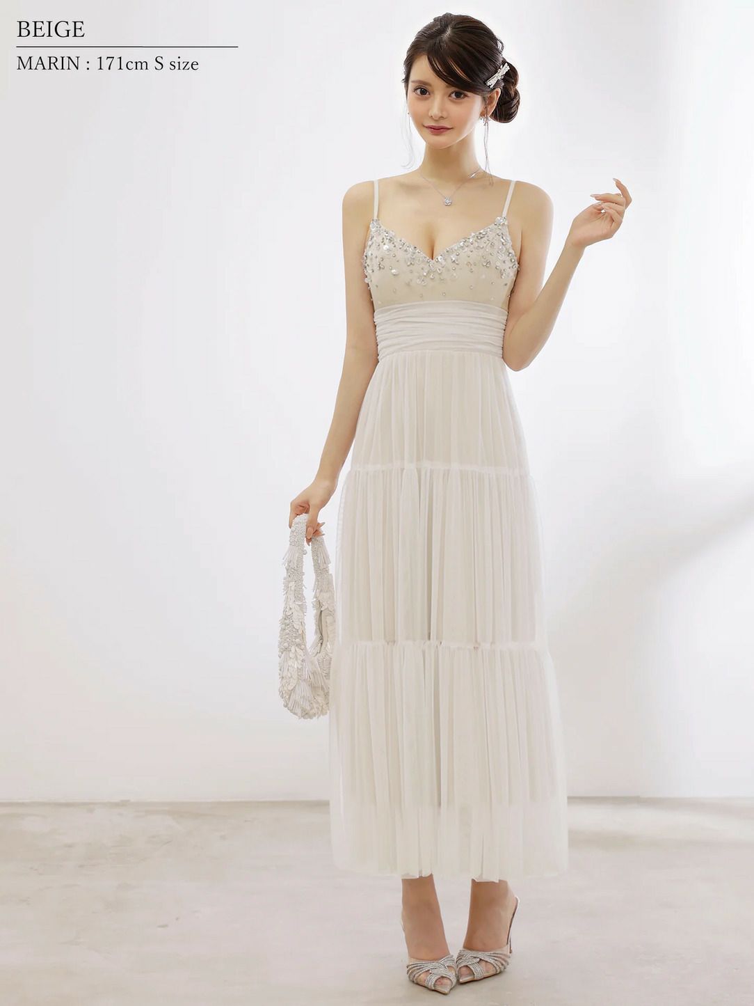 AngelR エンジェルアール フロントビジューネックパールウエストマークメッシュシアーフレアマキシロングドレス ar25877-ks