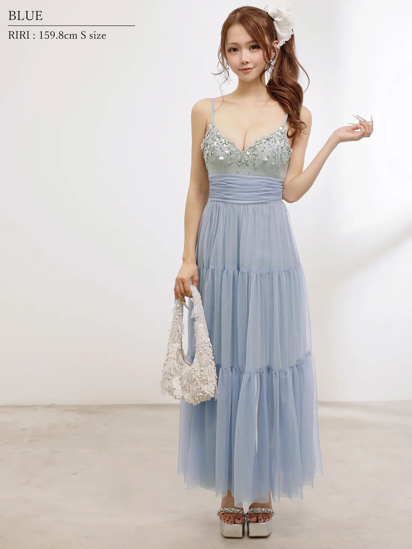 AngelR エンジェルアール フロントビジューネックパールウエストマークメッシュシアーフレアマキシロングドレス ar25877-ks