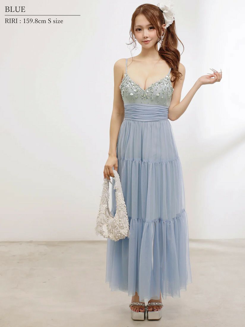 AngelR エンジェルアール フロントビジューネックパールウエストマークメッシュシアーフレアマキシロングドレス ar25877-ks