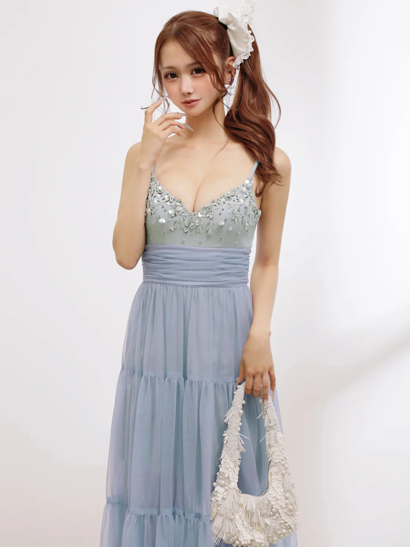 AngelR エンジェルアール フロントビジューネックパールウエストマークメッシュシアーフレアマキシロングドレス ar25877-ks