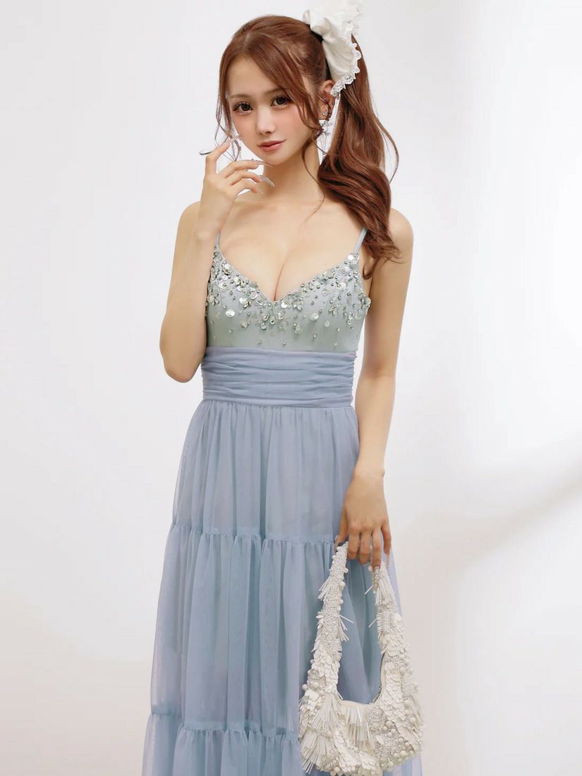 AngelR エンジェルアール フロントビジューネックパールウエストマークメッシュシアーフレアマキシロングドレス ar25877-ks