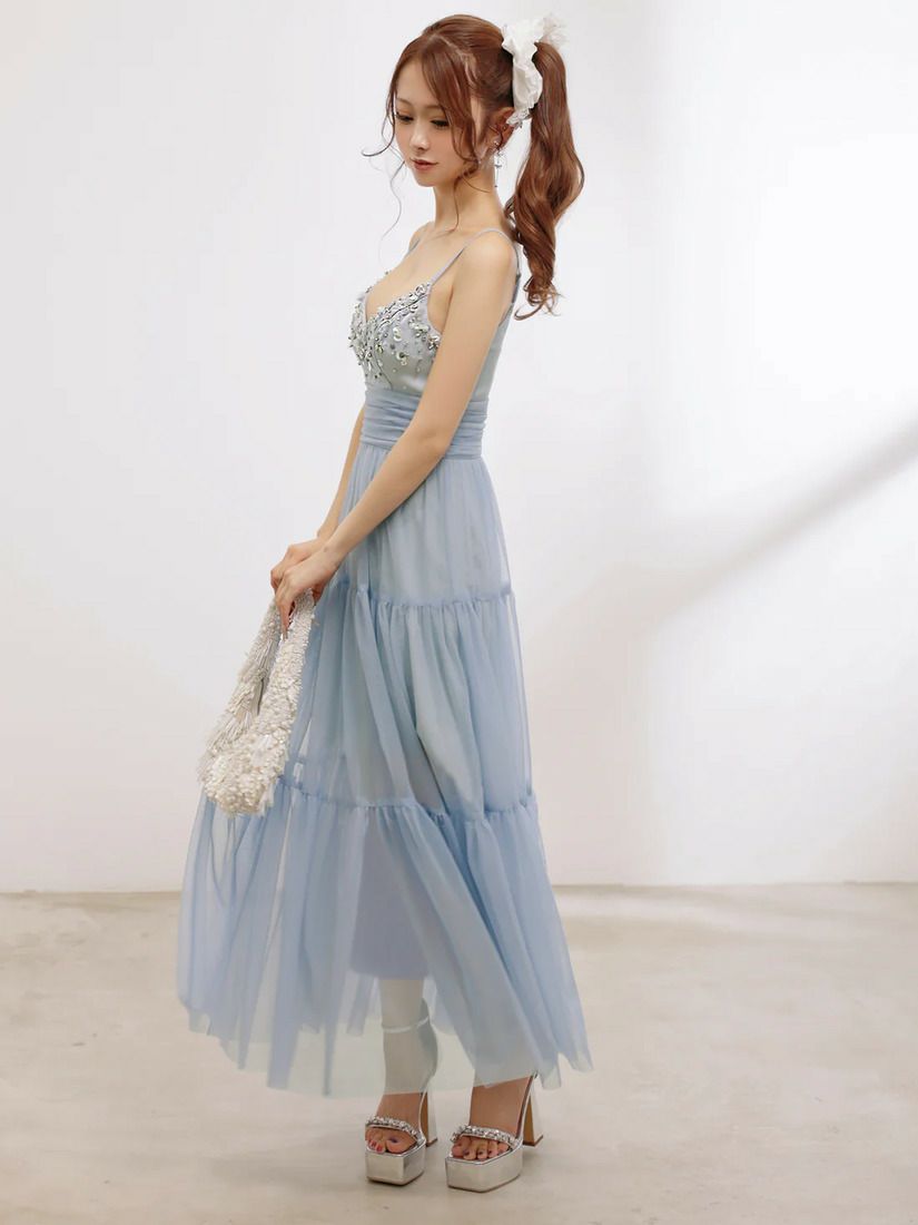 AngelR エンジェルアール フロントビジューネックパールウエストマークメッシュシアーフレアマキシロングドレス ar25877-ks