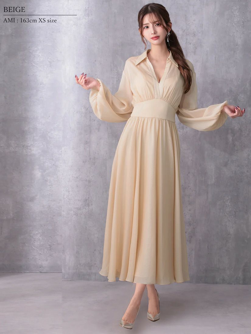 Veautt ヴュート ロングスリーブウエストマーク襟付きフレアミディアムドレス vt082532