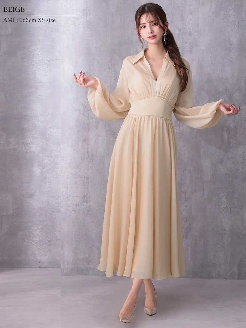 Veautt ヴュート ロングスリーブウエストマーク襟付きフレアミディアムドレス vt082532