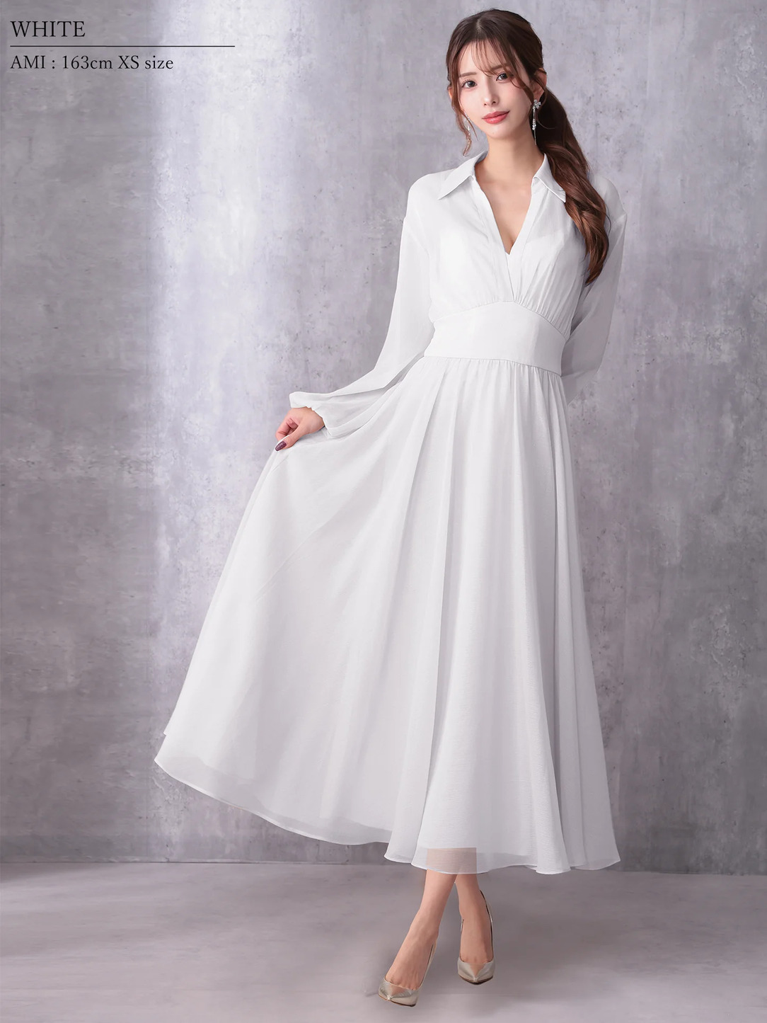 Veautt ヴュート ロングスリーブウエストマーク襟付きフレアミディアムドレス vt082532