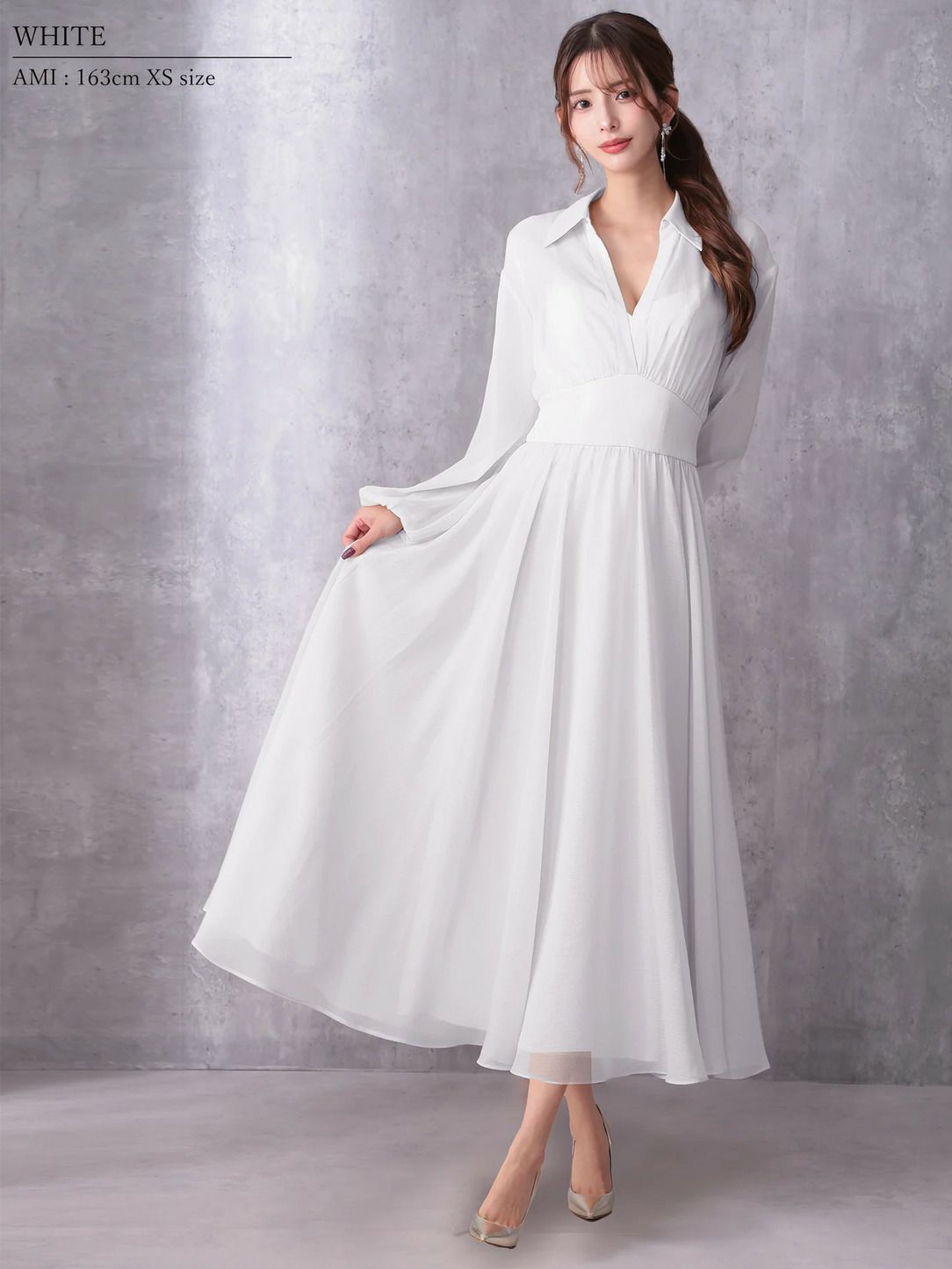 Veautt ヴュート ロングスリーブウエストマーク襟付きフレアミディアムドレス vt082532