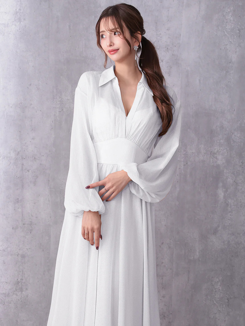 Veautt ヴュート ロングスリーブウエストマーク襟付きフレアミディアムドレス vt082532