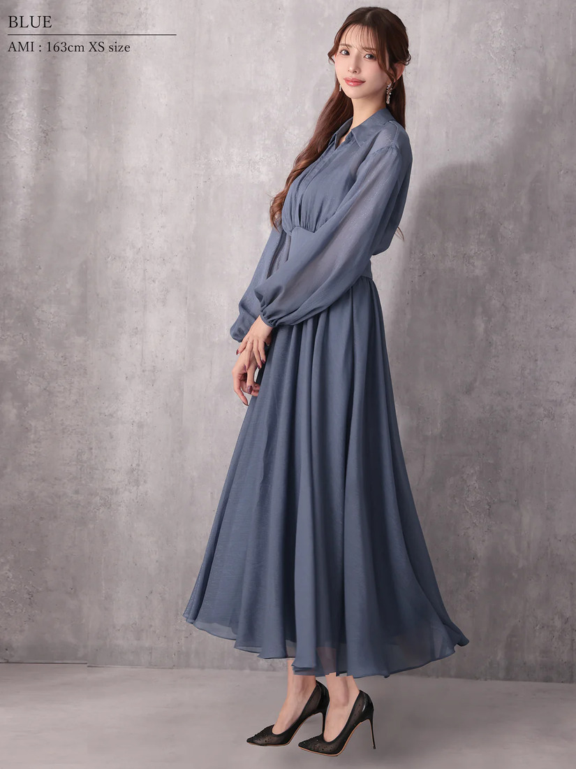 Veautt ヴュート ロングスリーブウエストマーク襟付きフレアミディアムドレス vt082532