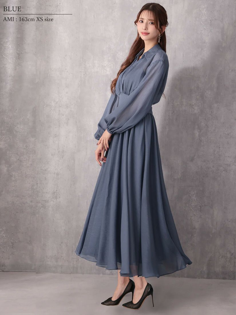 Veautt ヴュート ロングスリーブウエストマーク襟付きフレアミディアムドレス vt082532