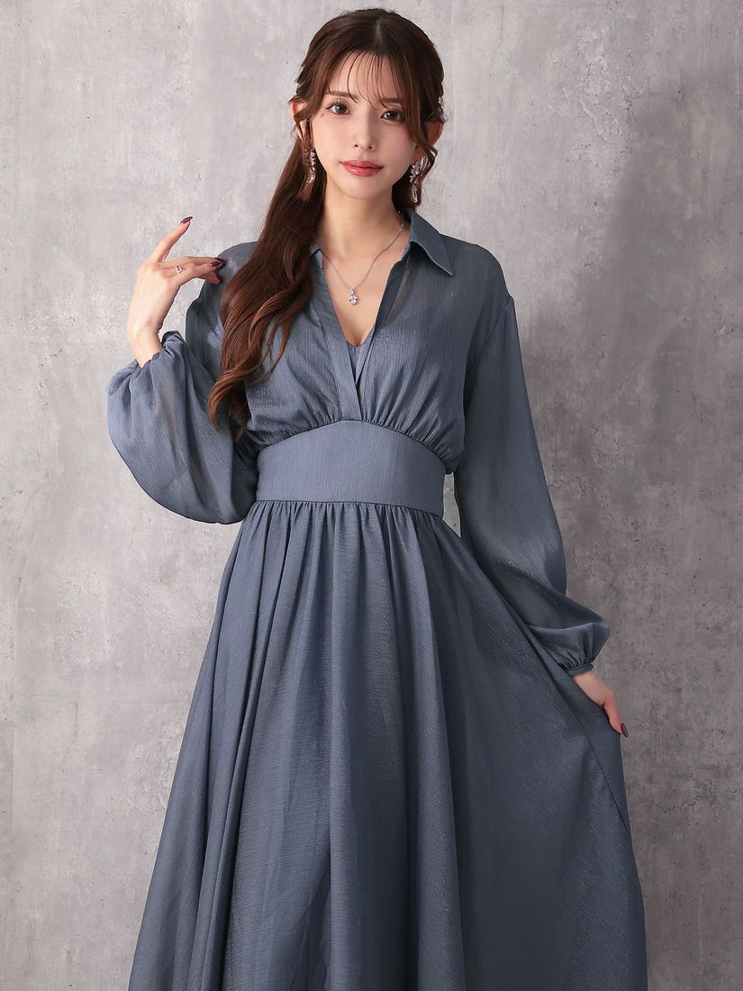 Veautt ヴュート ロングスリーブウエストマーク襟付きフレアミディアムドレス vt082532