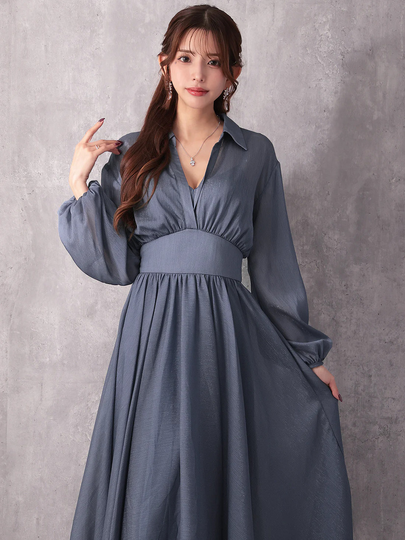 Veautt ヴュート ロングスリーブウエストマーク襟付きフレアミディアムドレス vt082532