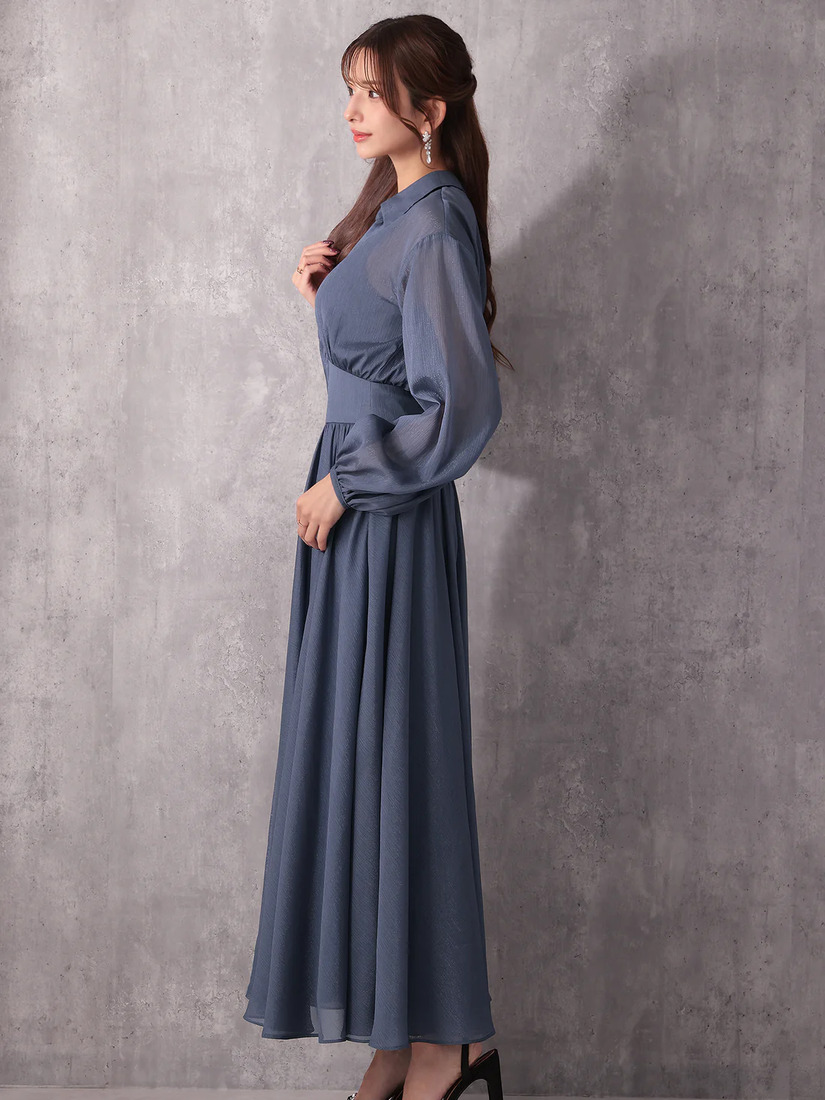 Veautt ヴュート ロングスリーブウエストマーク襟付きフレアミディアムドレス vt082532