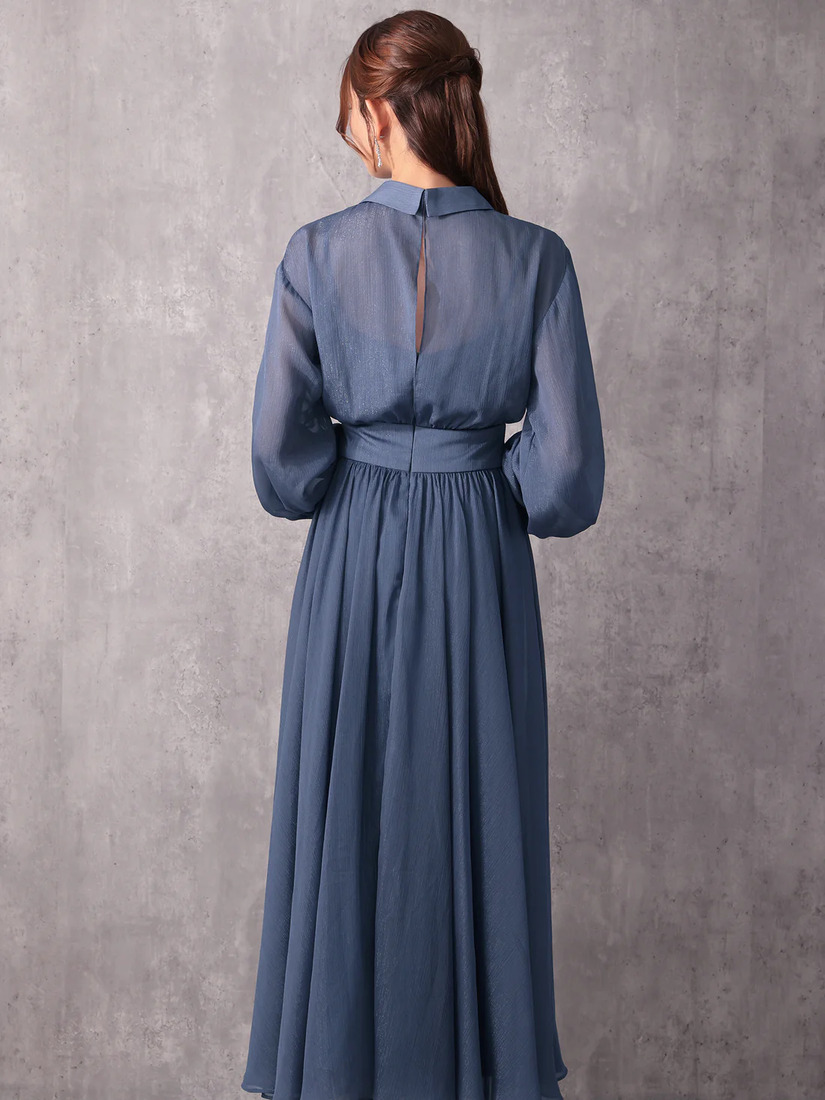 Veautt ヴュート ロングスリーブウエストマーク襟付きフレアミディアムドレス vt082532