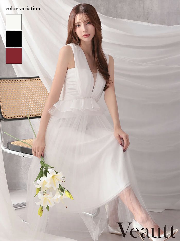 Veautt ヴュート ノースリーブウエストフリルペプラムデザインチュールシフォンロングフレアミディアムドレス  vt082531