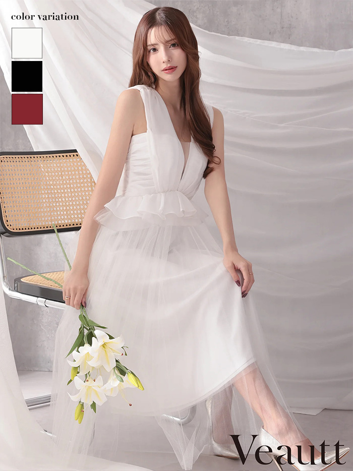 Veautt ヴュート ノースリーブウエストフリルペプラムデザインチュールシフォンロングフレアミディアムドレス  vt082531