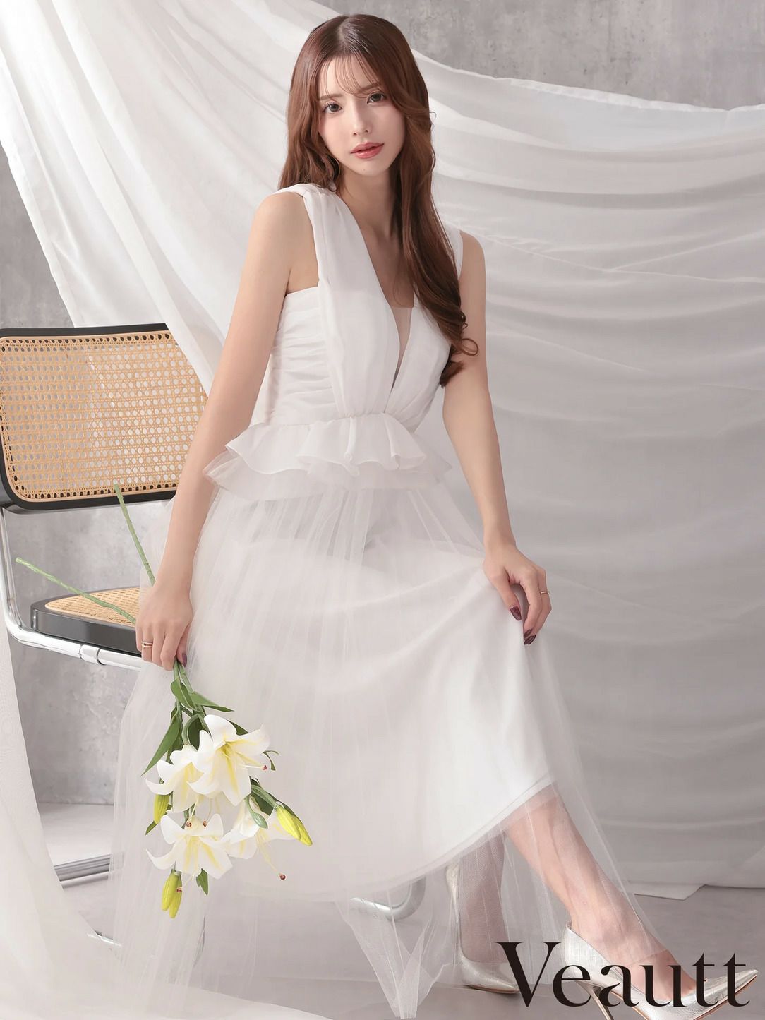Veautt ヴュート ノースリーブウエストフリルペプラムデザインチュールシフォンロングフレアミディアムドレス  vt082531