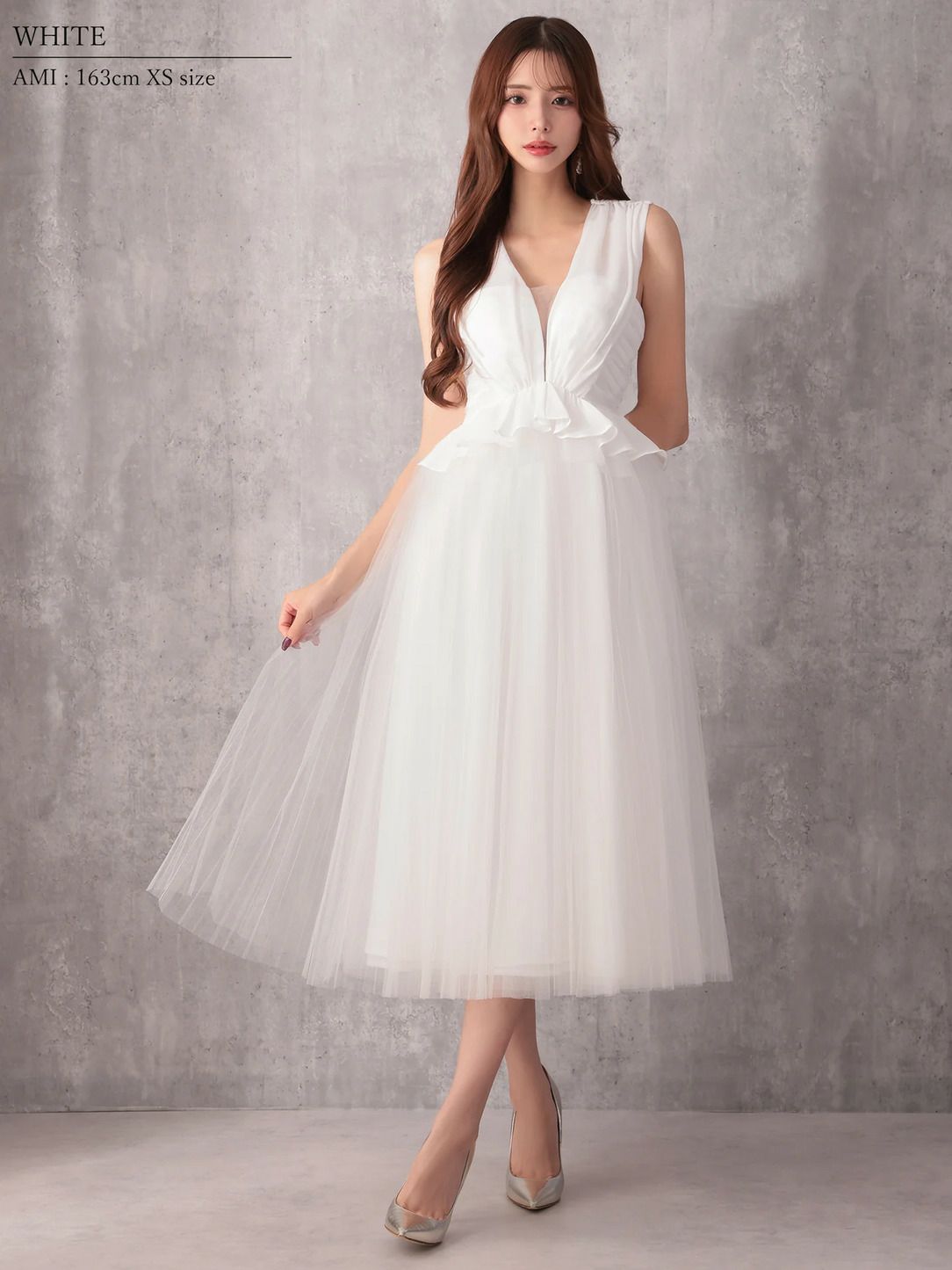 Veautt ヴュート ノースリーブウエストフリルペプラムデザインチュールシフォンロングフレアミディアムドレス  vt082531