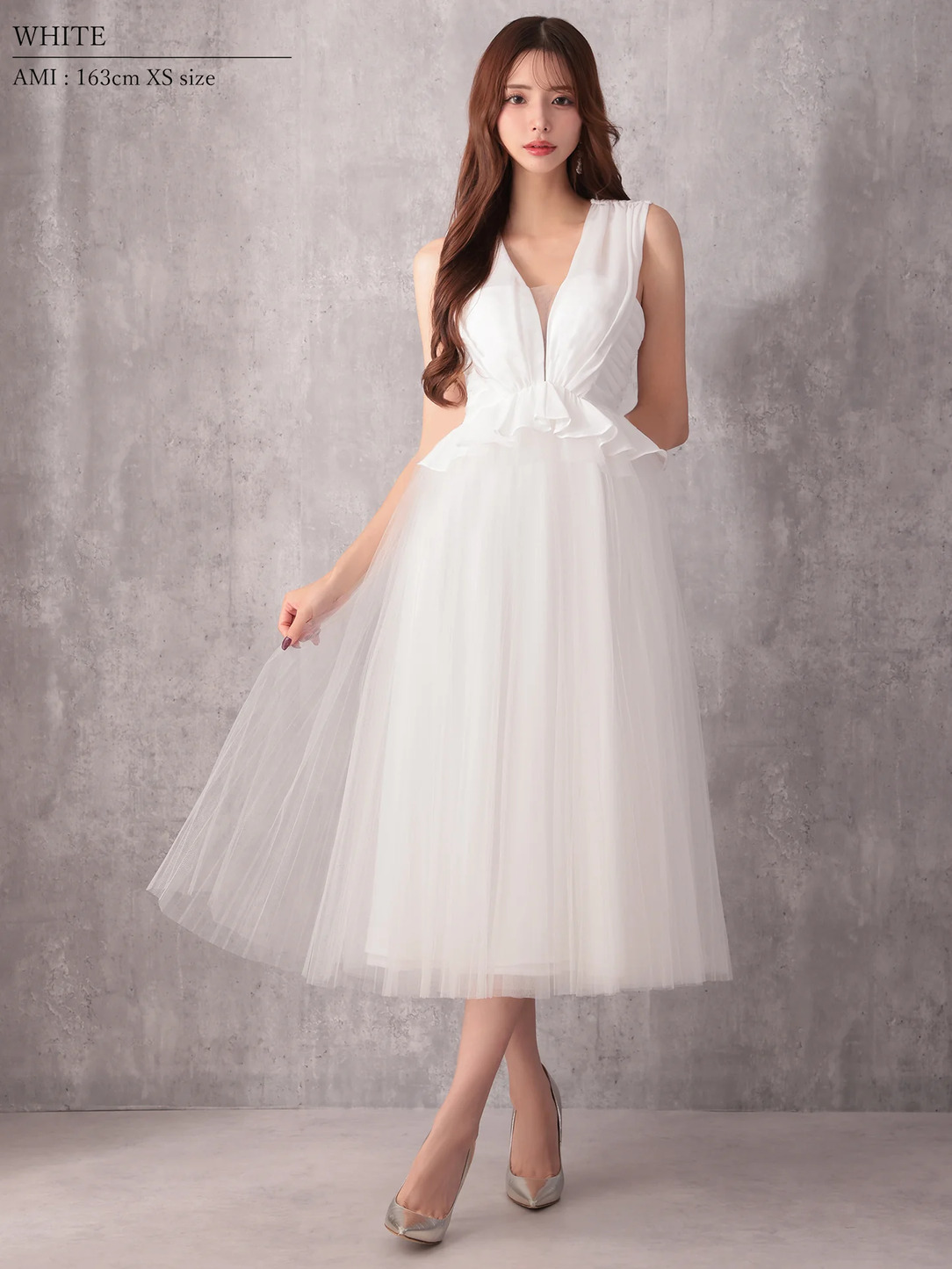 Veautt ヴュート ノースリーブウエストフリルペプラムデザインチュールシフォンロングフレアミディアムドレス  vt082531