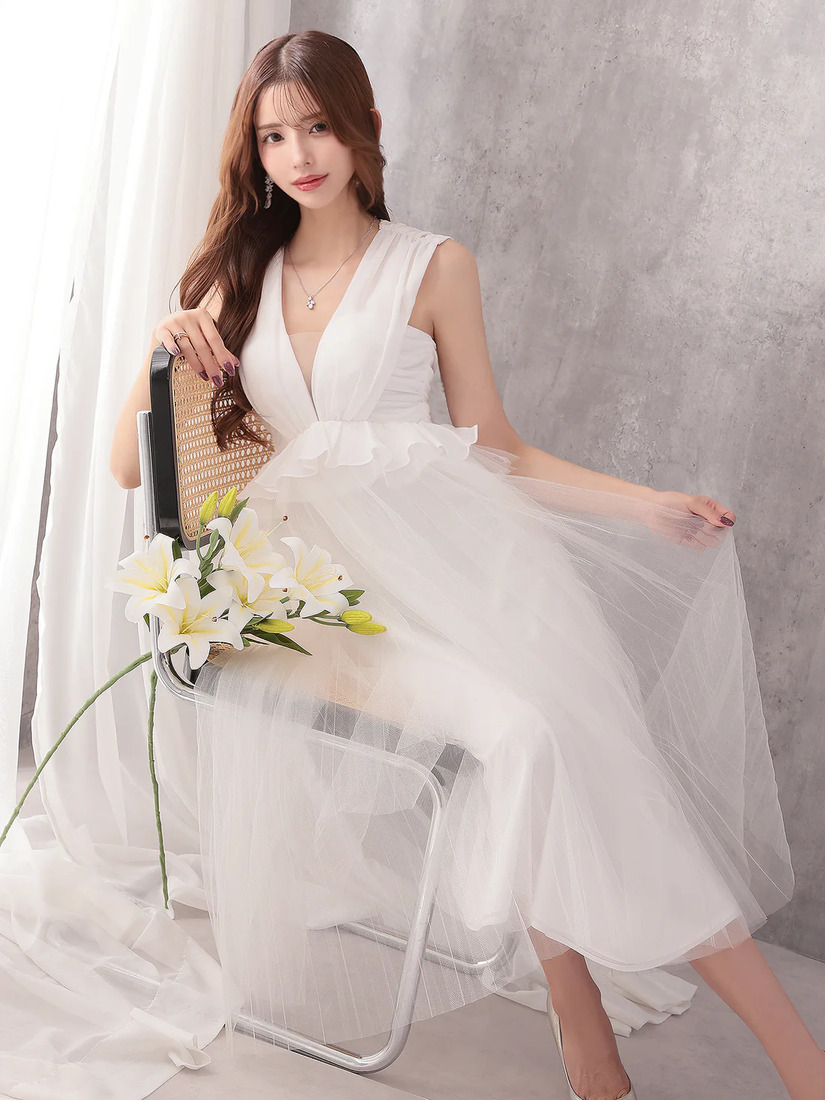 Veautt ヴュート ノースリーブウエストフリルペプラムデザインチュールシフォンロングフレアミディアムドレス  vt082531