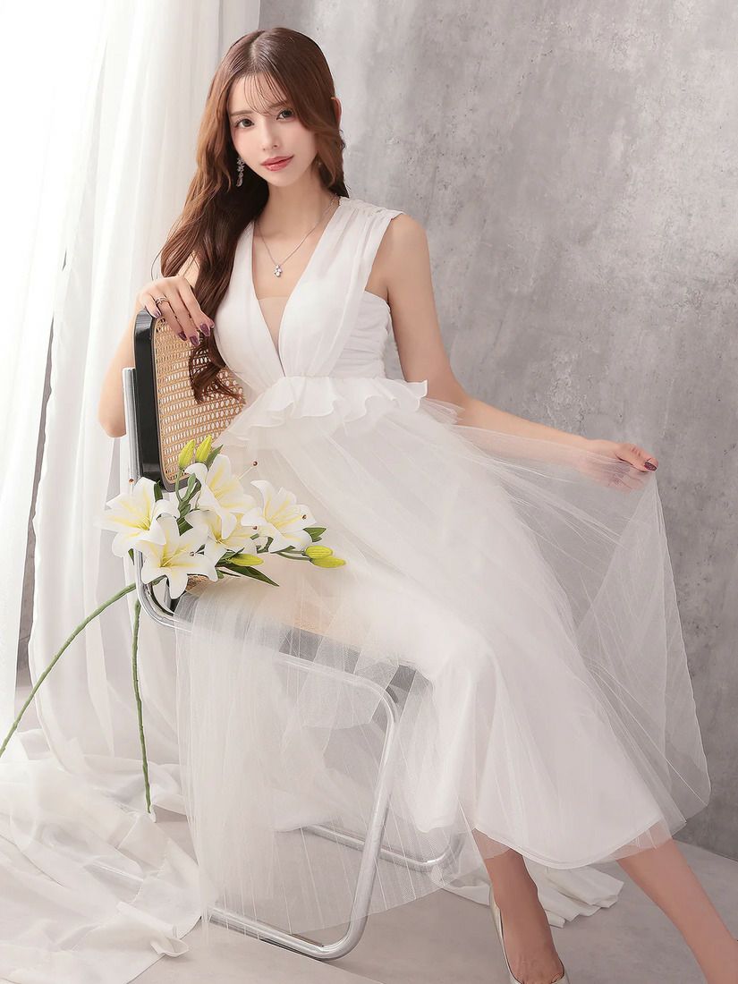 Veautt ヴュート ノースリーブウエストフリルペプラムデザインチュールシフォンロングフレアミディアムドレス  vt082531