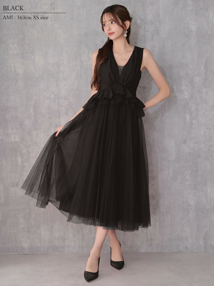 Veautt ヴュート ノースリーブウエストフリルペプラムデザインチュールシフォンロングフレアミディアムドレス  vt082531