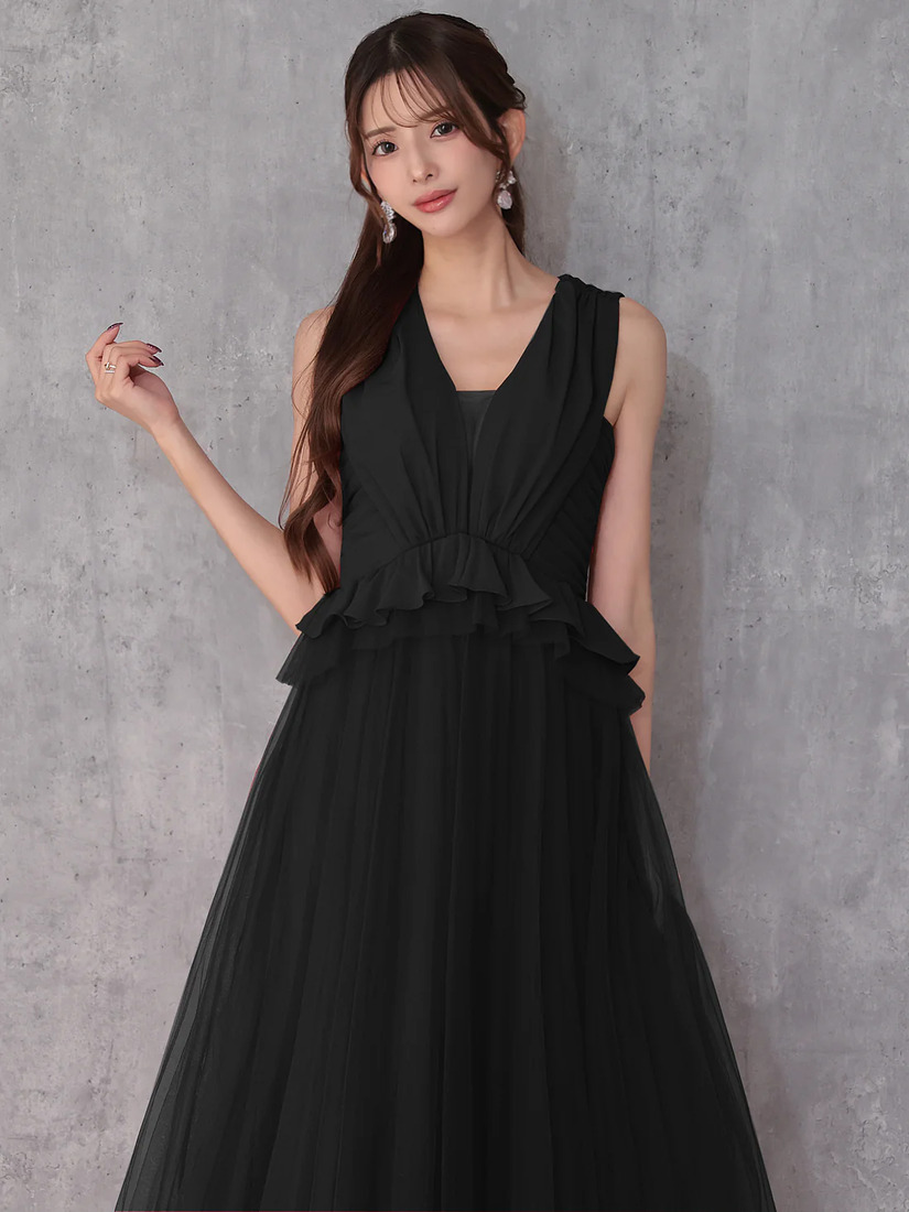 Veautt ヴュート ノースリーブウエストフリルペプラムデザインチュールシフォンロングフレアミディアムドレス  vt082531