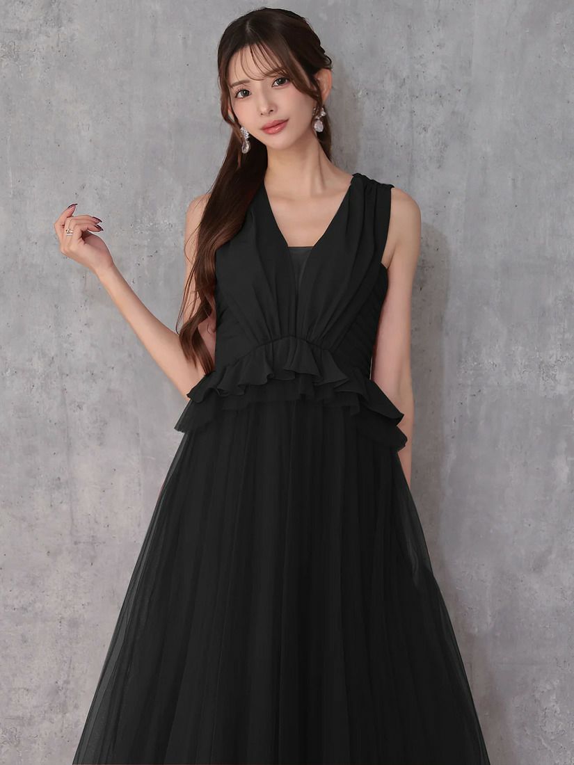 Veautt ヴュート ノースリーブウエストフリルペプラムデザインチュールシフォンロングフレアミディアムドレス  vt082531