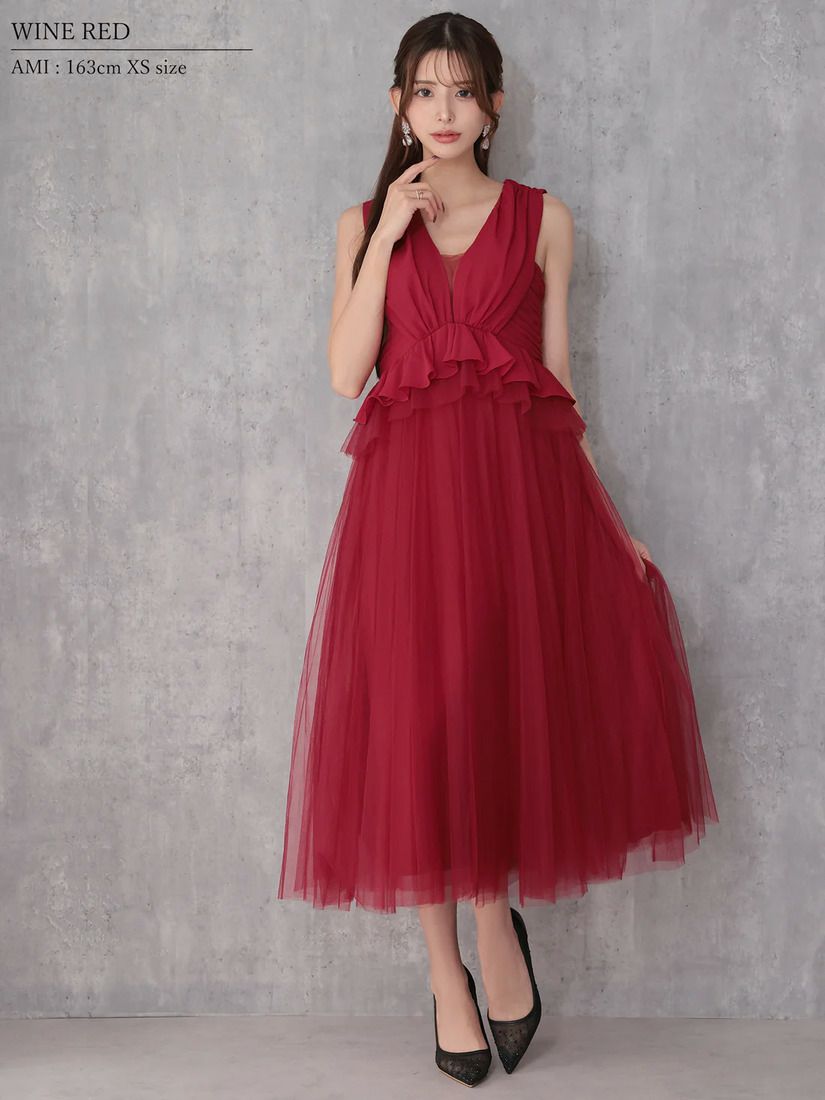 Veautt ヴュート ノースリーブウエストフリルペプラムデザインチュールシフォンロングフレアミディアムドレス  vt082531