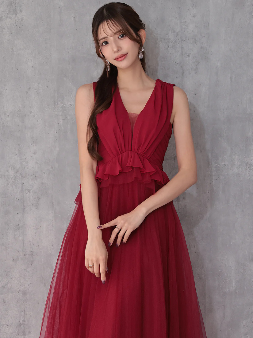 Veautt ヴュート ノースリーブウエストフリルペプラムデザインチュールシフォンロングフレアミディアムドレス  vt082531