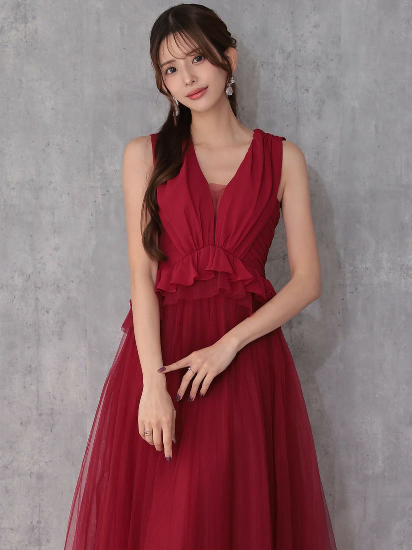 Veautt ヴュート ノースリーブウエストフリルペプラムデザインチュールシフォンロングフレアミディアムドレス  vt082531