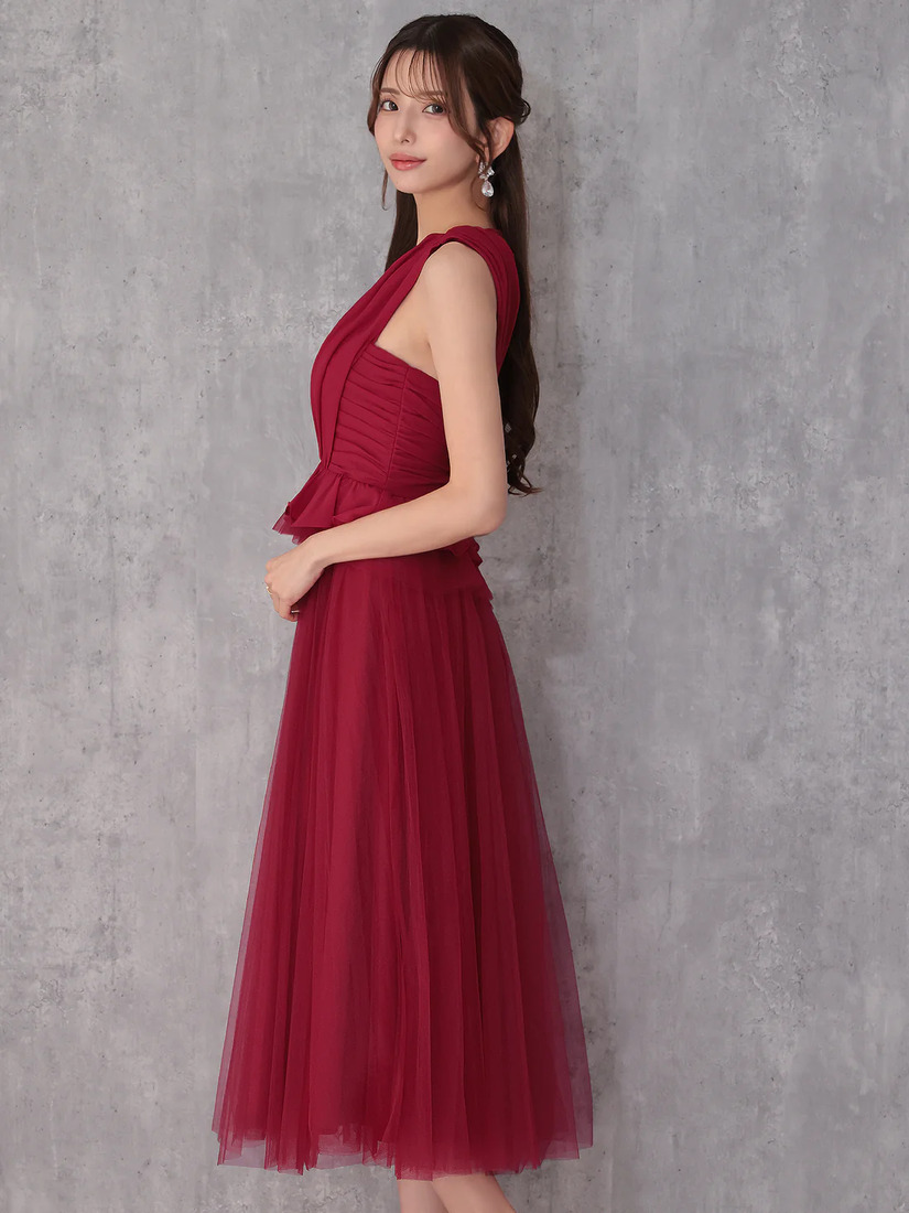 Veautt ヴュート ノースリーブウエストフリルペプラムデザインチュールシフォンロングフレアミディアムドレス  vt082531