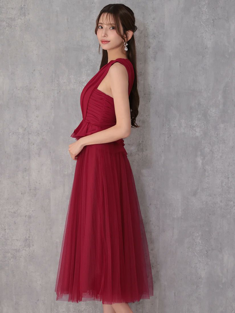 Veautt ヴュート ノースリーブウエストフリルペプラムデザインチュールシフォンロングフレアミディアムドレス  vt082531