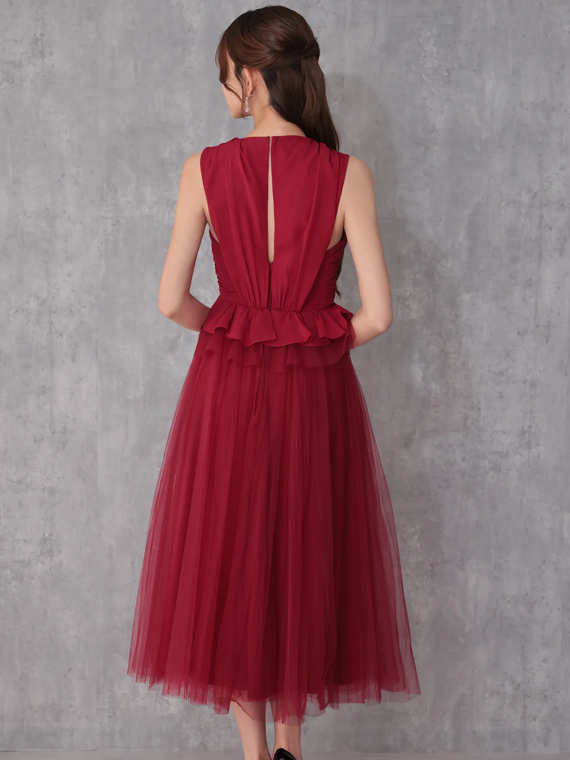 Veautt ヴュート ノースリーブウエストフリルペプラムデザインチュールシフォンロングフレアミディアムドレス  vt082531