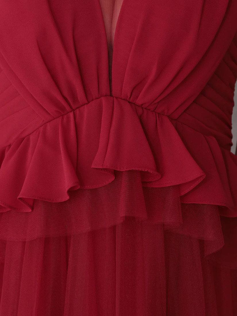 Veautt ヴュート ノースリーブウエストフリルペプラムデザインチュールシフォンロングフレアミディアムドレス  vt082531