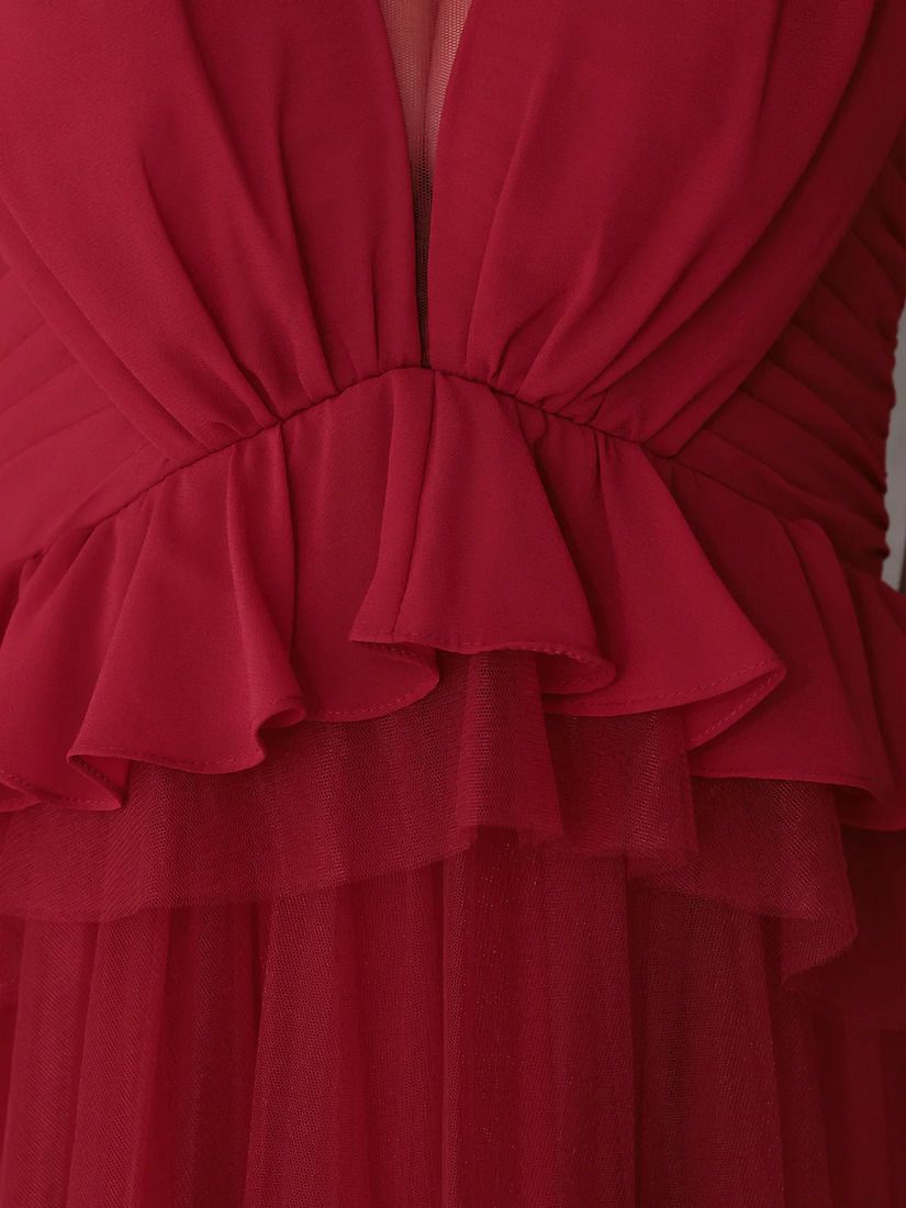 Veautt ヴュート ノースリーブウエストフリルペプラムデザインチュールシフォンロングフレアミディアムドレス  vt082531