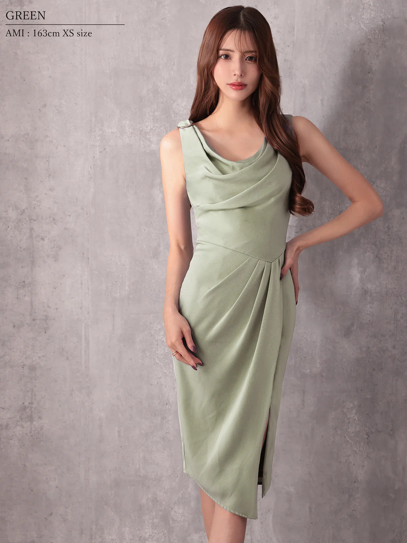 Veautt ヴュート ドレープショルダーパーツタックタイトミディアムドレス  vt082530-ks