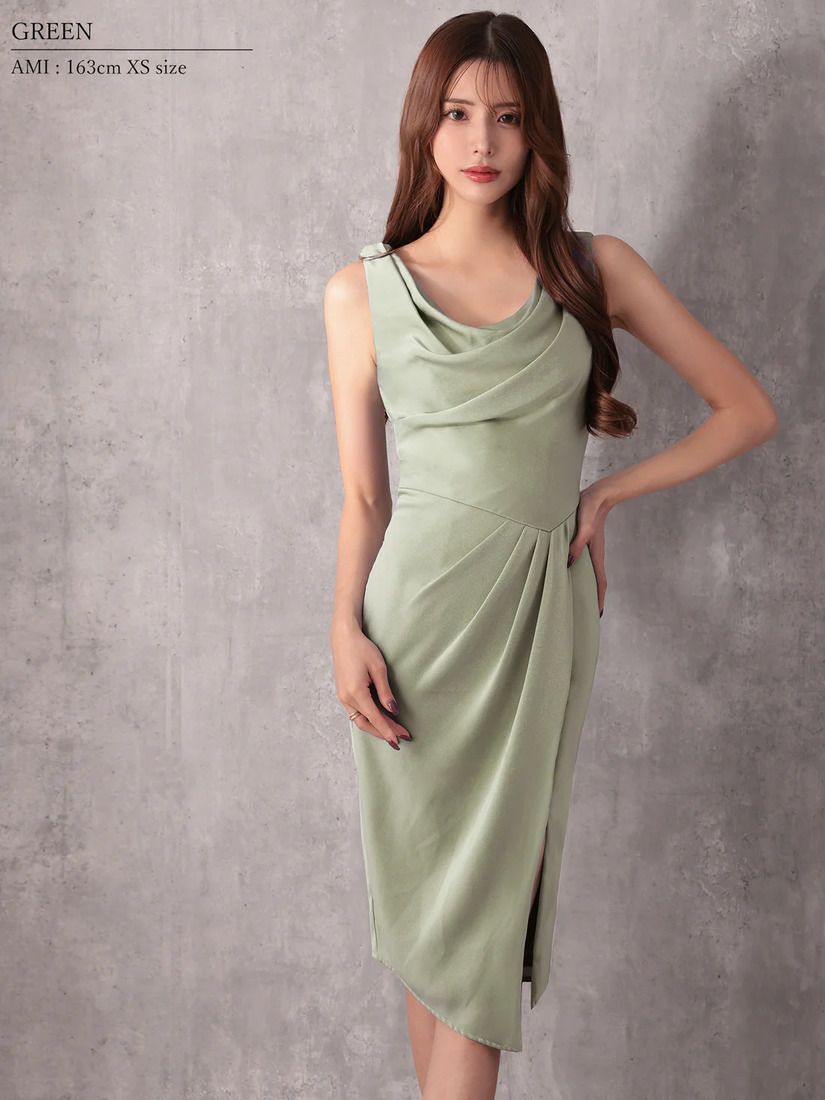 Veautt ヴュート ドレープショルダーパーツタックタイトミディアムドレス  vt082530-ks