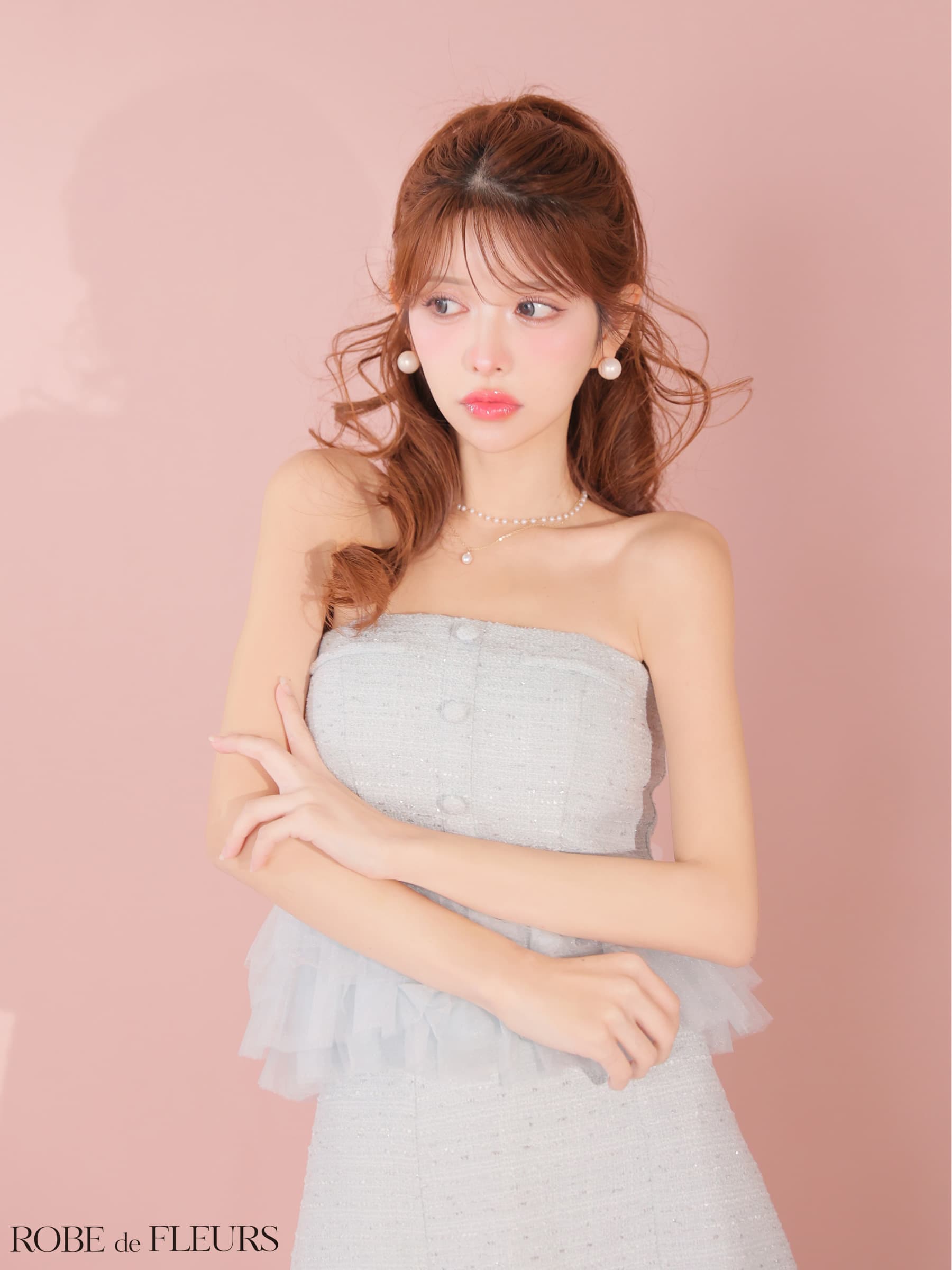 ROBE de FLEURS ローブドフルール 【XSサイズあり】 ベアラメツイードチュールフリルセットアップミニキャバドレス fm4336-c