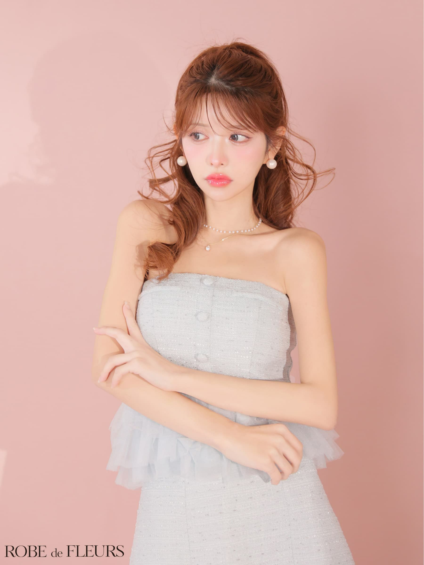 ROBE de FLEURS ローブドフルール 【XSサイズあり】 ベアラメツイードチュールフリルセットアップミニキャバドレス fm4336-c