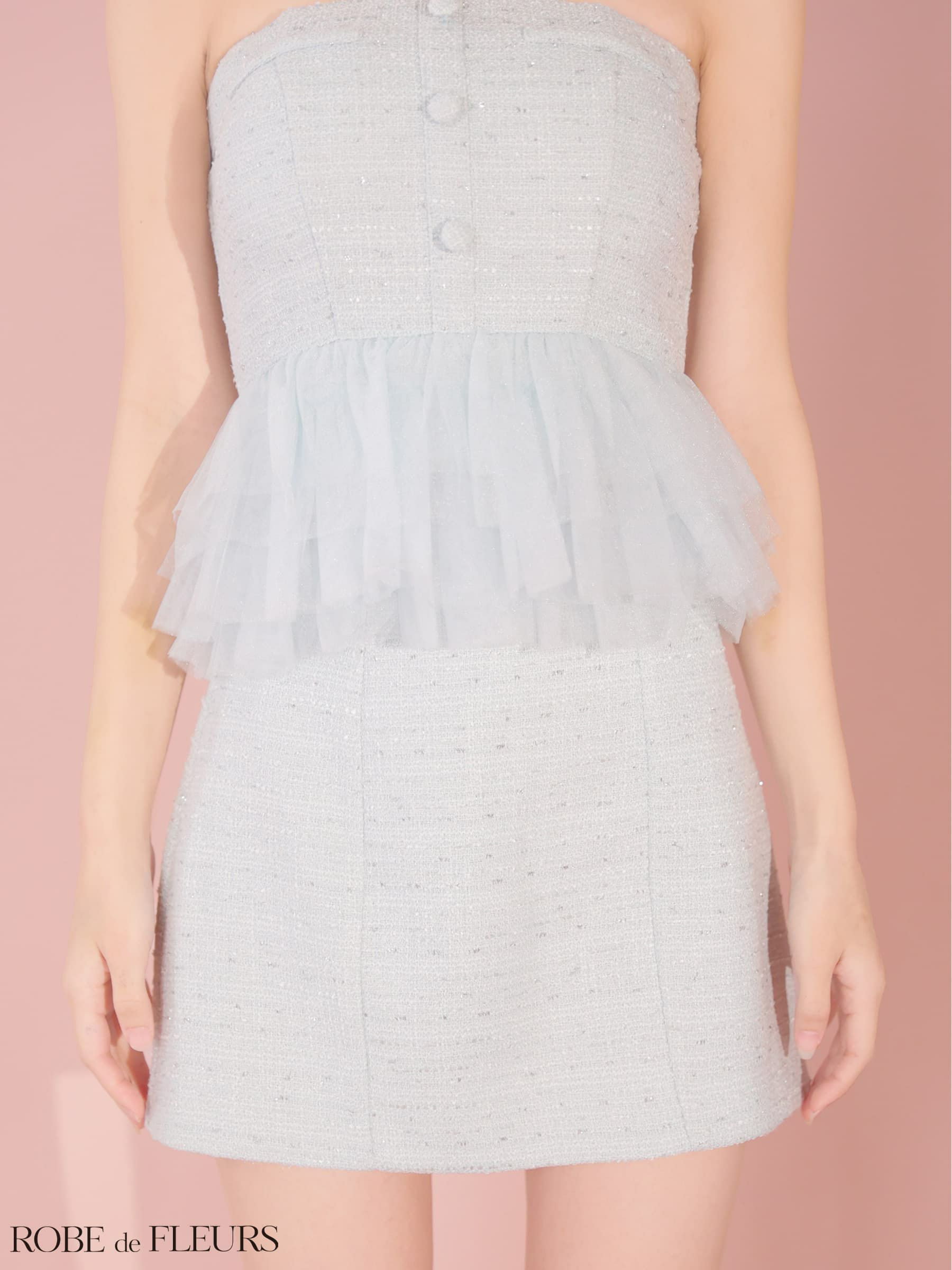 ROBE de FLEURS ローブドフルール 【XSサイズあり】 ベアラメツイードチュールフリルセットアップミニキャバドレス fm4336-c