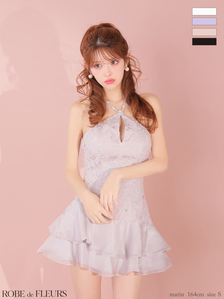 ROBE de FLEURS ローブドフルール 【XSサイズあり】 フラワーレースホルターネックティアードフレアミニキャバドレス fm4339-c