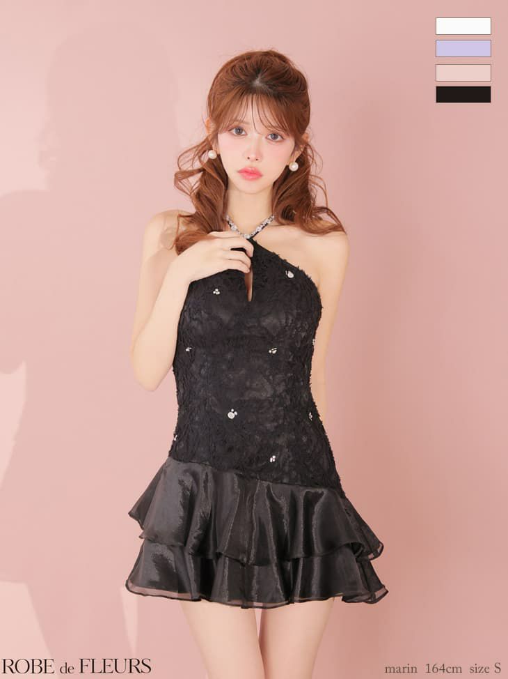 ROBE de FLEURS ローブドフルール 【XSサイズあり】 フラワーレースホルターネックティアードフレアミニキャバドレス fm4339-c