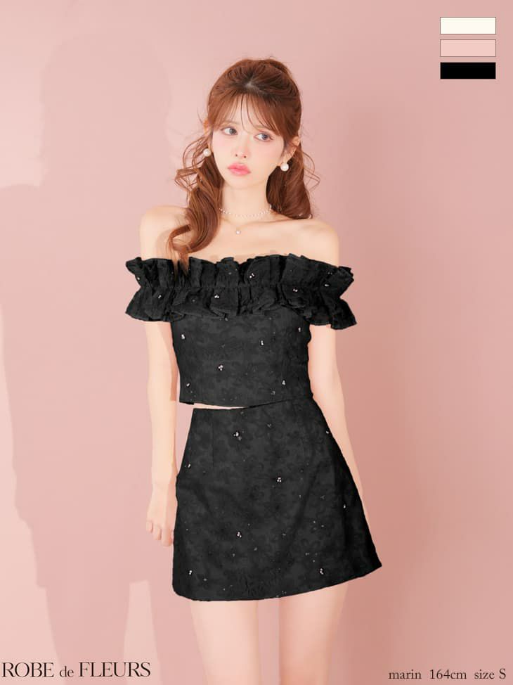 ROBE de FLEURS ローブドフルール 【XSサイズあり】 オフショルフラワーレースフリル袖セットアップミニキャバドレス fm4342-c
