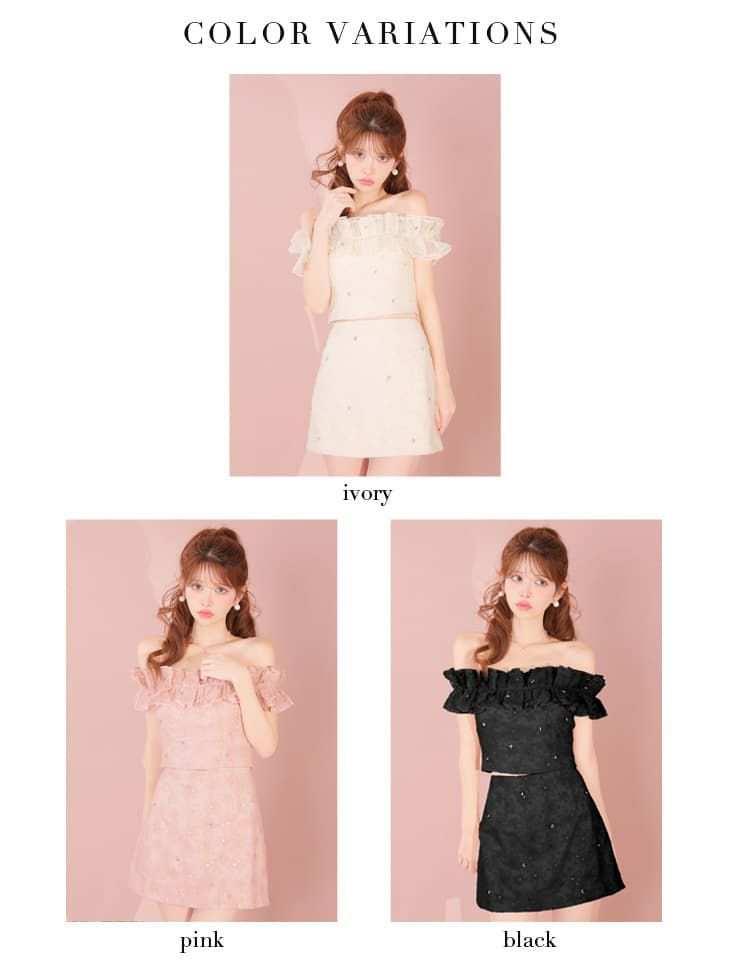 ROBE de FLEURS ローブドフルール 【XSサイズあり】 オフショルフラワーレースフリル袖セットアップミニキャバドレス fm4342-c