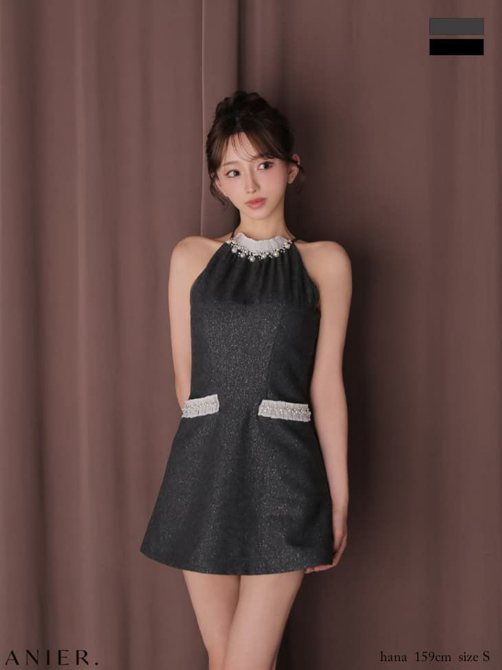 ROBE de FLEURS anier.ROBE ローブドフルール アニエルローブ 【XSサイズあり】 Glitter flannel halter pearl mini dress fm-anier4057-c
