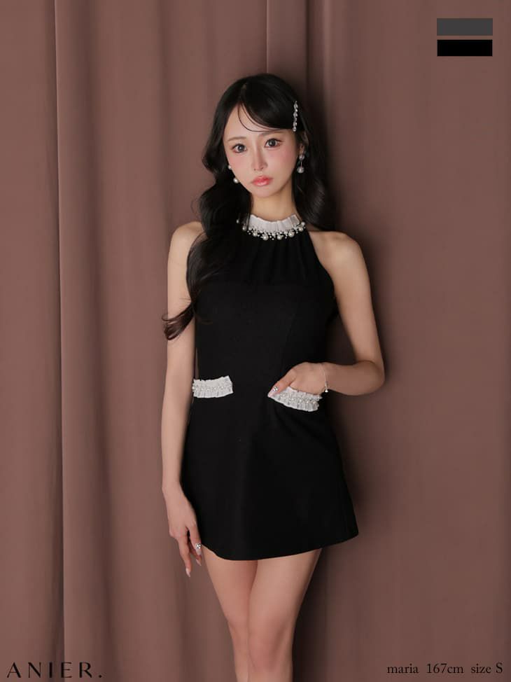 ROBE de FLEURS anier.ROBE ローブドフルール アニエルローブ 【XSサイズあり】 Glitter flannel halter pearl mini dress fm-anier4057-c